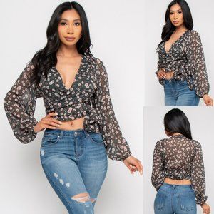 NWT Reset by Jane Floral Print LONG Sleeve Chiffon Wrap CROP TOP, S,M,L